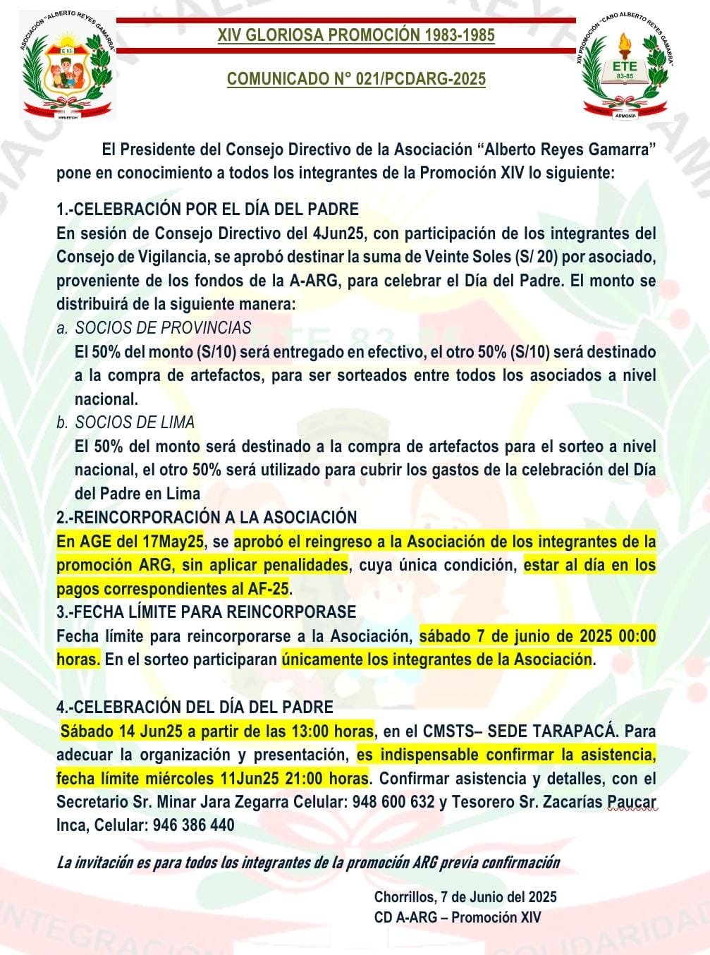 Comunicado Oficial – Celebración Día del Padre y Reincorporación a la Asociación